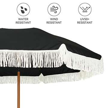 AMMSUN 7ft Patio Umbrella with Fringe Outdoor Tassel Umbrella UPF50+ Premium Steel Pole and Steel Ribs Push Button Tilt, Black