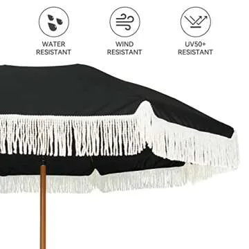 AMMSUN 7ft Patio Umbrella with Fringe Outdoor Tassel Umbrella UPF50+ Premium Steel Pole and Steel Ribs Push Button Tilt, Black