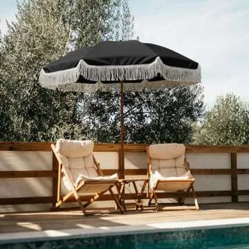AMMSUN 7ft Patio Umbrella with Fringe Outdoor Tassel Umbrella UPF50+ Premium Steel Pole and Steel Ribs Push Button Tilt, Black