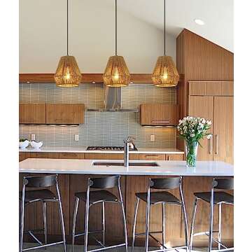 PINDODO 3 Pack Woven Pendant Light Fixtures,7" Rattan Pendant Lights Farmhouse Basket Light Fixture ...