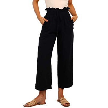 Dokotoo Womens Casual Fall Linen Blend Straight Wide Leg Casual Loose Baggy Drawstring Tie Elastic H...