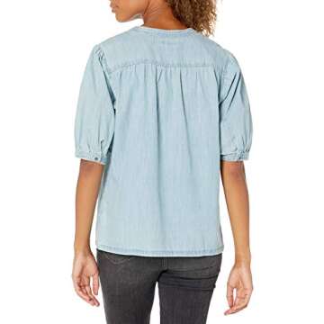 Goodthreads Women's Denim Puff Sleeve V-Neck Shirt, Light Wash, Medium