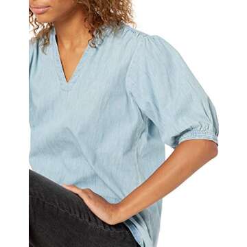 Goodthreads Women's Denim Puff Sleeve V-Neck Shirt, Light Wash, Medium