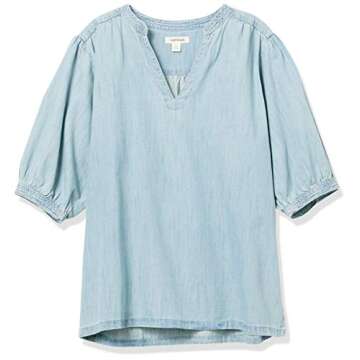 Goodthreads Women's Denim Puff Sleeve V-Neck Shirt, Light Wash, Medium