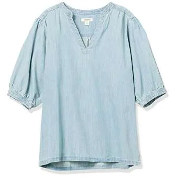 Goodthreads Women's Denim Puff Sleeve V-Neck Shirt, Light Wash, Medium