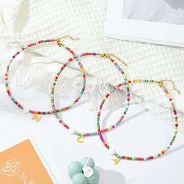 Wellike Initial Necklaces for Women Colorful Beaded Choker Necklace Stainless Steel 18K Gold Plated Y2K Aesthetic Gold Letter Necklace Handmade Boho Summer Necklace Jewelry Gift (S)