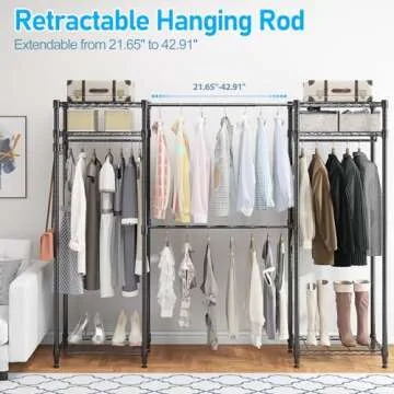 Homdox Heavy Duty Garment Rack with Extendable Hanging Rods, Adjustable Metal Clothing Rack for Hanging Clothes, Freestanding Closet Wardrobe Clothes Rack with Wire Storage Shelves, Black