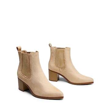 DREAM PAIRS Women's Retro Elastic Chelsea Ankle Boots Fashion Low Chunky Block Heel Pointed Toe Fall Heeled Booties Shoes,Size 9.5,Nude-Suede,SDAB2314W