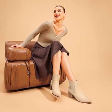 DREAM PAIRS Women's Retro Elastic Chelsea Ankle Boots Fashion Low Chunky Block Heel Pointed Toe Fall Heeled Booties Shoes,Size 9.5,Nude-Suede,SDAB2314W