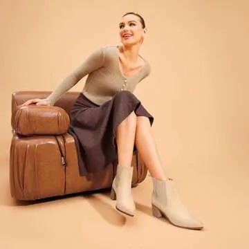 DREAM PAIRS Women's Retro Elastic Chelsea Ankle Boots Fashion Low Chunky Block Heel Pointed Toe Fall Heeled Booties Shoes,Size 9.5,Nude-Suede,SDAB2314W