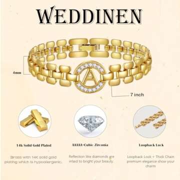 WEDDINEN Initial Bracelet,14K Gold Plated Letter Bracelets for Women, Thick Bangle Wrist Gold Alphabet Bracelet for Women, Christmas Gifts for Women Jewelry Initial K Charm Chain