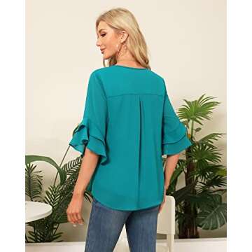 VALOLIA 3/4 Length Sleeve Tops Women: Blouses for Women Dressy Casual - Women Clothing - Loose Flowing Tops for Women Blue Stone Large