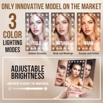 NIKKOMON Wireless Rechargeable Lighted Makeup Mirror with 3 Color Lighting, 2000mAh Rechargeable Battery, 10x 3X 2X Magnification Mirror, 24LMirror, 360 Degree Rotation, Gift for Woman (Rose Gold)