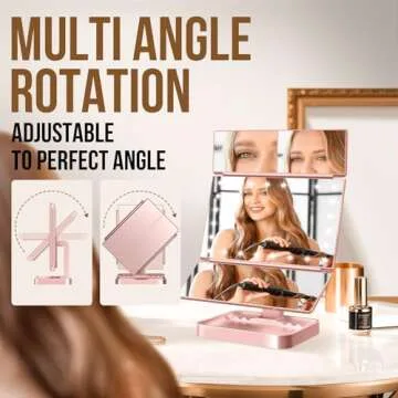 NIKKOMON Wireless Rechargeable Lighted Makeup Mirror with 3 Color Lighting, 2000mAh Rechargeable Battery, 10x 3X 2X Magnification Mirror, 24LMirror, 360 Degree Rotation, Gift for Woman (Rose Gold)