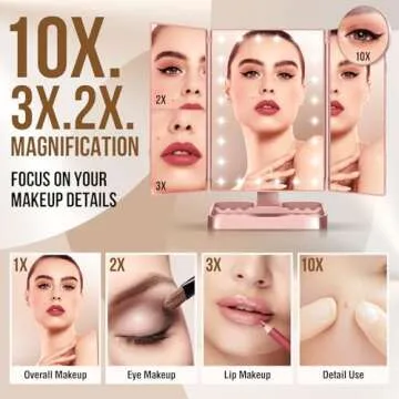 NIKKOMON Wireless Rechargeable Lighted Makeup Mirror with 3 Color Lighting, 2000mAh Rechargeable Battery, 10x 3X 2X Magnification Mirror, 24LMirror, 360 Degree Rotation, Gift for Woman (Rose Gold)