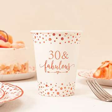 Crisky Rose Gold Foil 30 Fabulous Napkins Plates Cups Set for Women 30th Birthday Party Decorations Supplies, Disposable Tableware Set of 24 (9" Plates, 7" Plates, Luncheon Napkins, 9oz Cups)