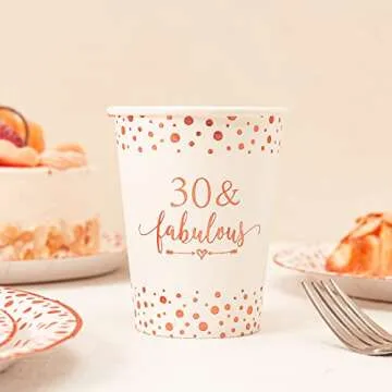 Crisky Rose Gold Foil 30 Fabulous Napkins Plates Cups Set for Women 30th Birthday Party Decorations Supplies, Disposable Tableware Set of 24 (9" Plates, 7" Plates, Luncheon Napkins, 9oz Cups)