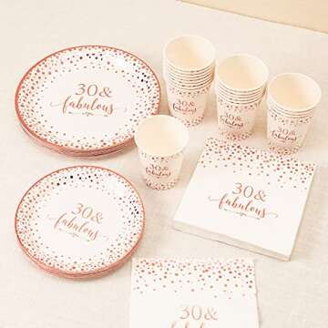 Crisky Rose Gold Foil 30 Fabulous Napkins Plates Cups Set for Women 30th Birthday Party Decorations Supplies, Disposable Tableware Set of 24 (9" Plates, 7" Plates, Luncheon Napkins, 9oz Cups)