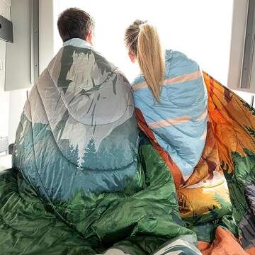 KingCamp Lightweight Camping Blanket - Puffy Printed Warm Camping Quilt with Snap Button - Portable for Travel, Hiking, Stadium, Airplane - 79" x 57" - Green