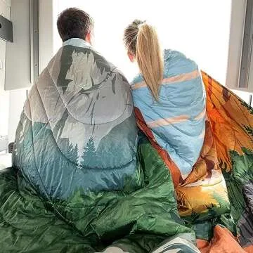 KingCamp Lightweight Camping Blanket - Puffy Printed Warm Camping Quilt with Snap Button - Portable for Travel, Hiking, Stadium, Airplane - 79" x 57" - Green