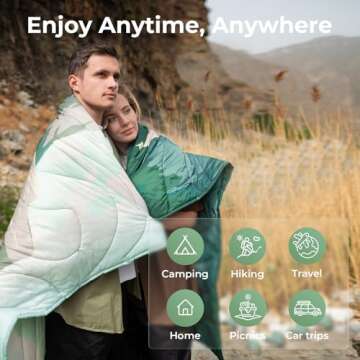 KingCamp Lightweight Camping Blanket - Puffy Printed Warm Camping Quilt with Snap Button - Portable for Travel, Hiking, Stadium, Airplane - 79" x 57" - Green