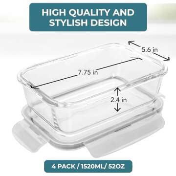 6.5 Cups/ 52 Oz 4 Piece (2 Containers +2 Lids) Glass Food Storage/ Baking Container Set w/Locking Li...