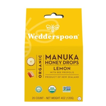 Wedderspoon Organic Manuka Honey Drops, Lemon & Bee Propolis, 20 Count (Pack of 1) | Genuine New Zea...