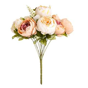 Queen Bee Silk Peony Bouquet with Ceramic Vase Included Large Size 14" Wedding Centerpiece Events Birthday Gift Bridal Baby Shower Floral Arrangement Artificial Fake Flowers (Champagne)
