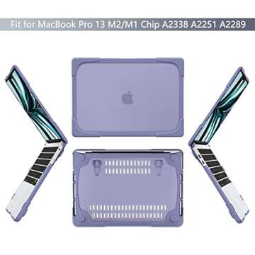 Batianda Shockproof Hard Case for MacBook Pro 13 Inch 2020 2022 A2338 M1 M2 Chip A2289 A2251 with Touch Bar, Heavy Duty Protective Shell Case with Fold Kickstand & Keyboard Cover Skin, Lavender Gray