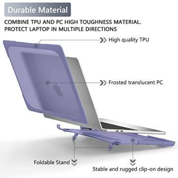 Batianda Shockproof Hard Case for MacBook Pro 13 Inch 2020 2022 A2338 M1 M2 Chip A2289 A2251 with Touch Bar, Heavy Duty Protective Shell Case with Fold Kickstand & Keyboard Cover Skin, Lavender Gray