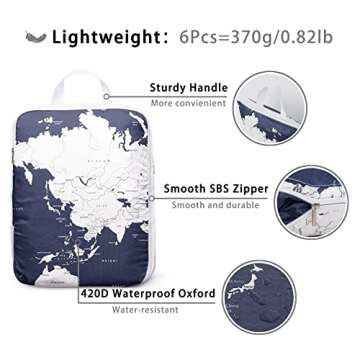 6 Pcs Compression Packing Cubes Travel for Suitcases, Luggage Organizer Nylon Washable Storage Bags Set - Packaging Cubes for Backpack Travel Perfect for Women Clothes Carry-Ons and Storage