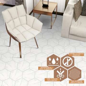MORCART 20 Pcs Peel and Stick Floor Tile, 12.6 Sq Ft Vinyl Floor, White Marble Hexagon Vinyl Floor T...