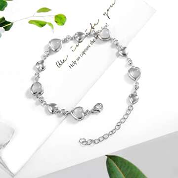 Carleen June Birthstone Bracelet Sterling Silver Moonstone Bracelet for Women Heart Shape Station Tennis Bracelet Gemstone Jewelry Gifts for Wife Mom