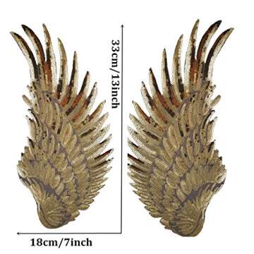 Large Angel Wings Sequin Patches Iron on Sew on Appliques Embroidered Motif for DIY Clothes (Gold)