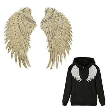 Large Angel Wings Sequin Patches Iron on Sew on Appliques Embroidered Motif for DIY Clothes (Gold)