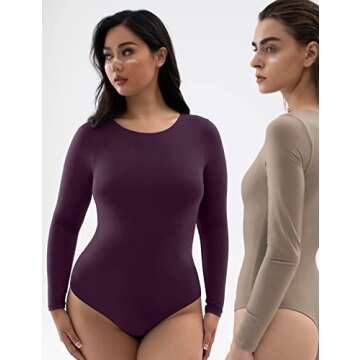 PUMIEY Long Sleeve Bodysuit For Women Sexy Crew Neck Tops Purple Body Suits Womens Fashion Bodysuits Amaranthine Medium