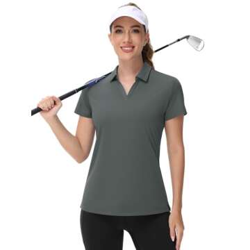 TACVASEN Polo Shirts Women Dry Fit Sun Protection Shirt V-Neck Short Sleeve Polos Lightweight SPF Golf Tops, Dark Grey, M