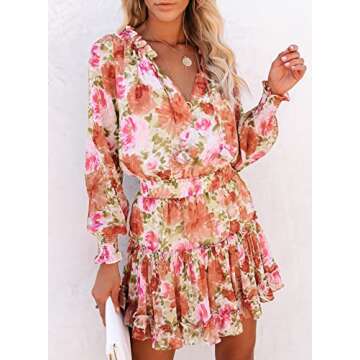 Asvivid Smocked Ruffle Flutter Long Sleeve Babydoll Dress Elegant Sexy V Neck Flowy Swing Skater Mini Dress Womens Loose Fit Short Mini Dress Multi S