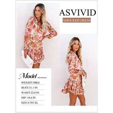 Asvivid Smocked Ruffle Flutter Long Sleeve Babydoll Dress Elegant Sexy V Neck Flowy Swing Skater Mini Dress Womens Loose Fit Short Mini Dress Multi S