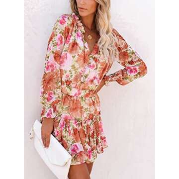 Asvivid Smocked Ruffle Flutter Long Sleeve Babydoll Dress Elegant Sexy V Neck Flowy Swing Skater Mini Dress Womens Loose Fit Short Mini Dress Multi S