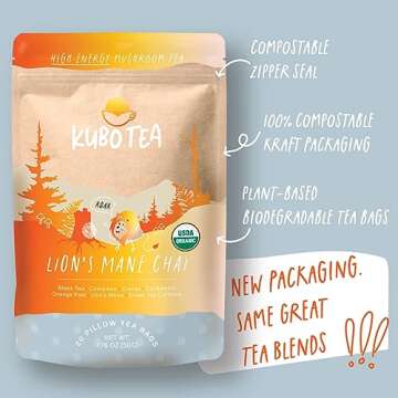Kubo Tea, Reishi Breakfast Black Tea, Organic High Caffeine Tea, 20 Servings (155mg Caffeine each), Pillow Tea Bags, Compostable Packaging, Healthy Coffee Substitute (Lion's Mane Mushroom Chai Tea)
