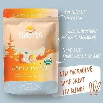 Kubo Tea, Reishi Breakfast Black Tea, Organic High Caffeine Tea, 20 Servings (155mg Caffeine each), Pillow Tea Bags, Compostable Packaging, Healthy Coffee Substitute (Lion's Mane Mushroom Chai Tea)