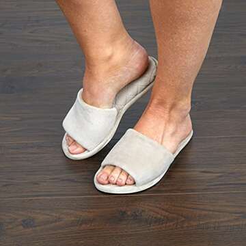 Dearfoams Women's Beatrice Velour Slide Slipper – Cloud-like Comfort in Pewter