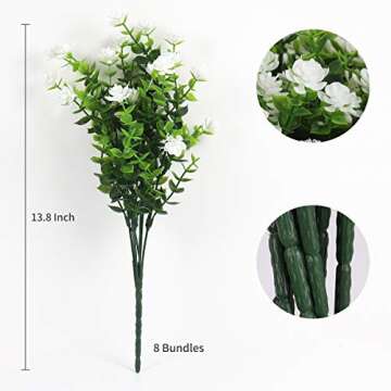 RECUTMS Artificial Flowers, Fake Outdoor UV Resistant Plants Artificial Lotus Flowers Eucalyptus Greenery Shrubs Bridal Wedding Bouquet for Home Garden Party Wedding Decoration 8 Bundles (White)