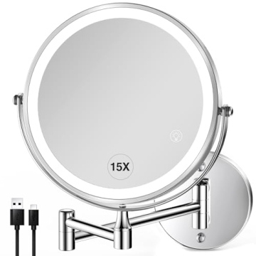 GREENFROM Wall Mounted Lighted Makeup Mirror: 8.5 Inch Double Sided Makeup Mirror with 1X/15X Magnif...