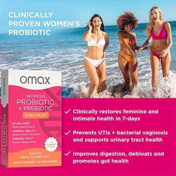Omax Health Prebiotics and Probiotics Complex for Women, pH Balance, Vag Health, Urinary Tract, Yeast & BV Prevention, Lactobacillus & Bifidobacterium | Vegan, Organic, Gluten Free