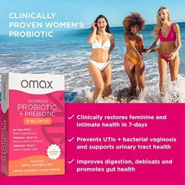 Omax Health Prebiotics and Probiotics Complex for Women, pH Balance, Vag Health, Urinary Tract, Yeast & BV Prevention, Lactobacillus & Bifidobacterium | Vegan, Organic, Gluten Free