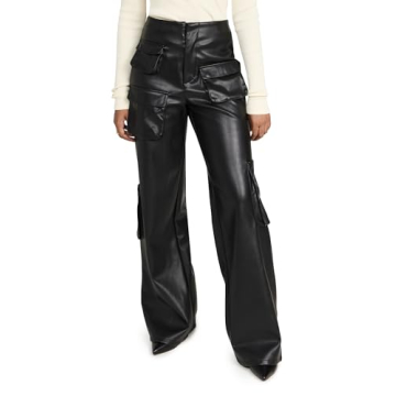 Chic AFRM Women's Faux Leather Maxwell Wide Leg Pants in Noir