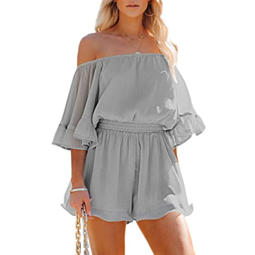 Fixmatti Women Summer Outfits Romper Boho Lightweight Chiffon Boat Neck Shorts Jumpsuit Grey XL