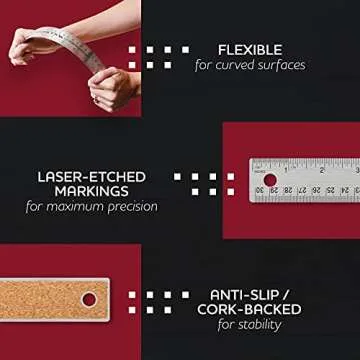 Breman Precision Metal Ruler 12 Inch Cork Back - Stainless Steel Metal Ruler with Cork Backing - Str...